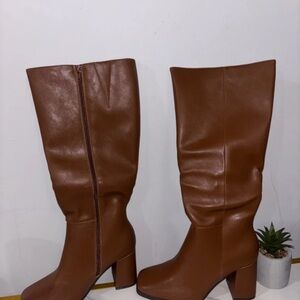 Women's Brown Mid-Calf Block Heel Boots with Side Zip